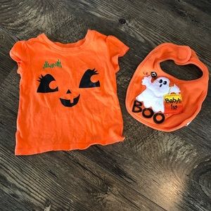 VGUC 12-18 m Halloween Jack O’ Lantern T-shirt & My 1st “Boo” Bib